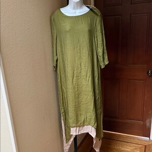 Zanzea Asymmetrical Long Loose Fit Layered Dress in Olive and Cream Women’s Sz 8